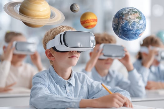Elementary school students wearing virtual reality headsets learning about solar system photo