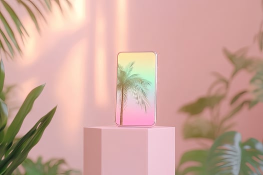 Palm tree on phone display rests beautifully on a pink geometric podium photo