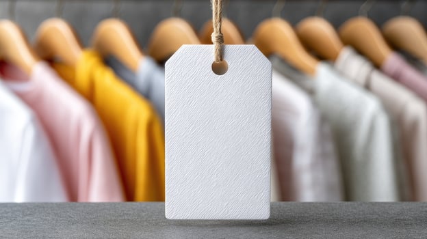 White blank price tag hanging on clothes rack photo