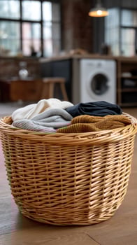 A basket with clothes on the floor in a room photo