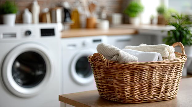 A basket with towels in it on a counter photo