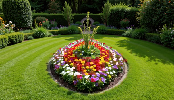 a serene flower oasis in the center of a garden lawn, shaped like a teardrop and filled with annual blooms. photo
