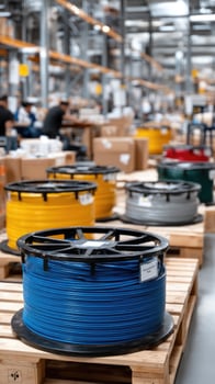 A large spool of colored plastic in a factory photo