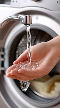 A person washing their hands with water coming out of the washing machine photo
