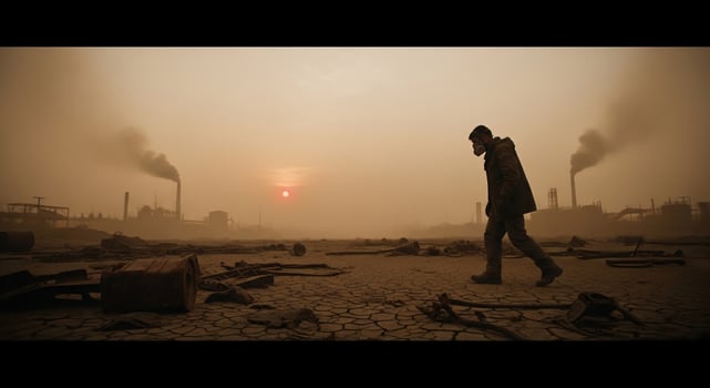 A man walking through a factory area with smoke coming out of the chimneys photo
