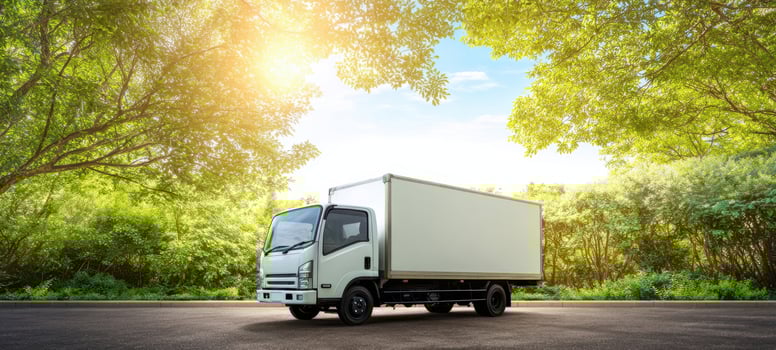The white delivery truck parked under a canopy of green trees. photo