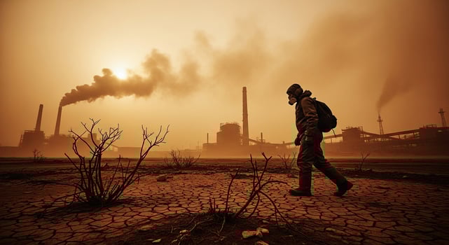 A man walking in the desert with smoke coming out of the factory photo