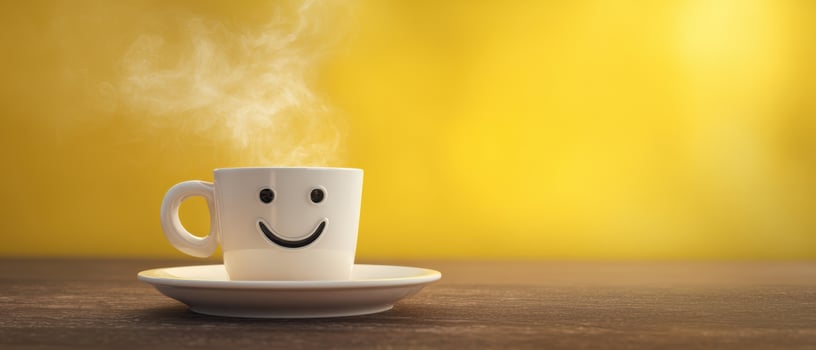 The cheerful coffee cup with a smiling face on a bright background. photo