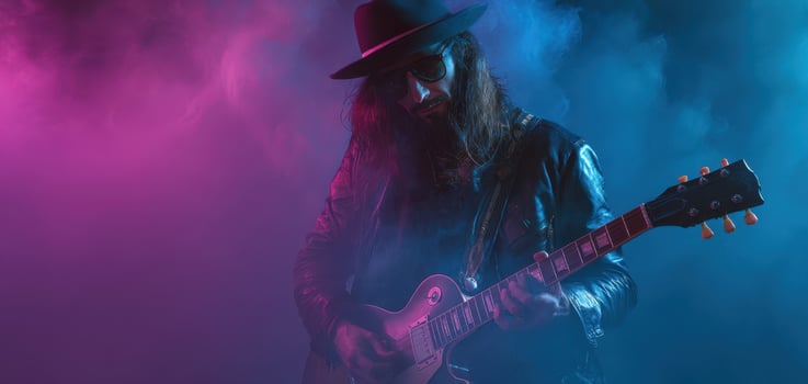 The guitarist performing dramatically under vibrant colored lights and smoky backdrop. photo