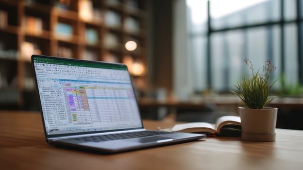 The laptop displaying a colorful spreadsheet on a stylish wooden workspace. photo