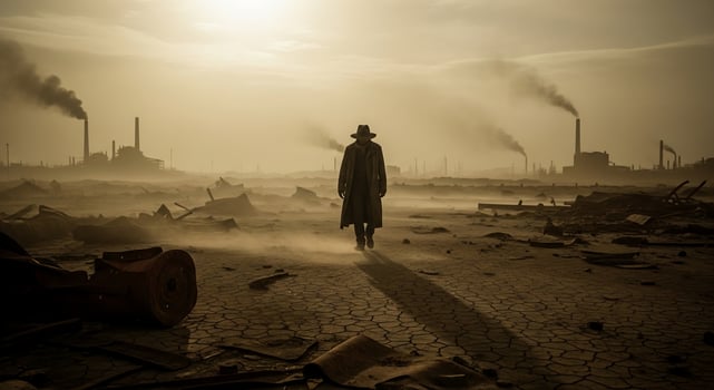 A man in a hat stands in front of a factory photo