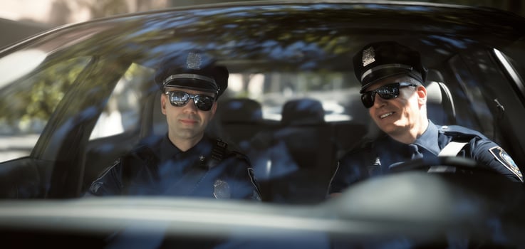 The police officers in sunglasses enjoying a moment together in their patrol car. photo