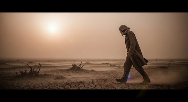 A man in a gas mask walks through a desert photo