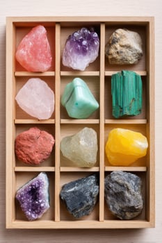 Wooden box containing colorful mineral collection arranged in compartments photo