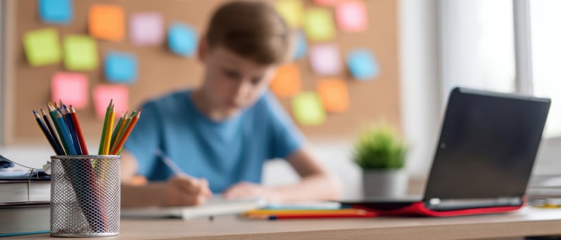 The focused boy writing notes at a well-organized study desk. photo