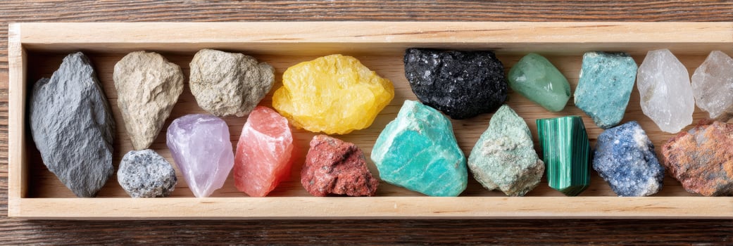Colorful mineral collection arranged in wooden box on table photo