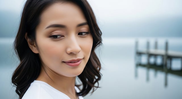 Beautiful asian woman with long hair and white shirt standing in front of a lake photo