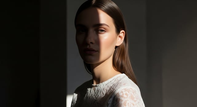 A woman in a white dress is looking off to the side photo