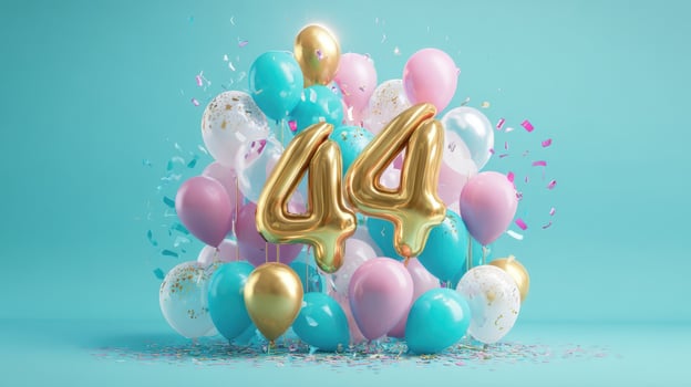 The colorful arrangement of balloons celebrating the number 44 with festive decor. photo