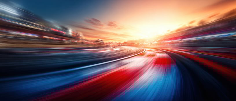 The dynamic movement of a racing track during a vibrant sunset scene. photo