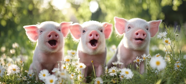 The adorable trio of piglets enjoying a sunny day in a flower-filled meadow. photo