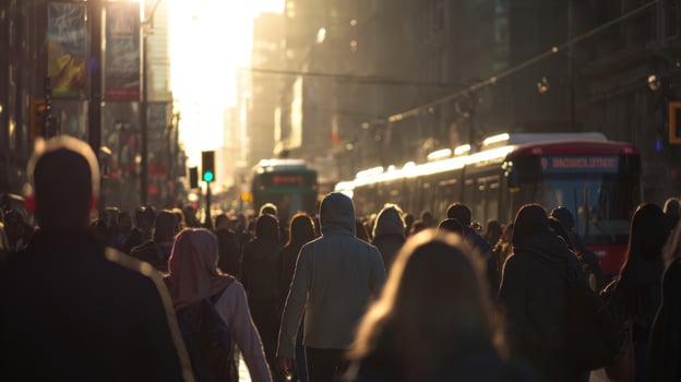 The Busy Street Filled with People Bathed in Golden Sunlight photo