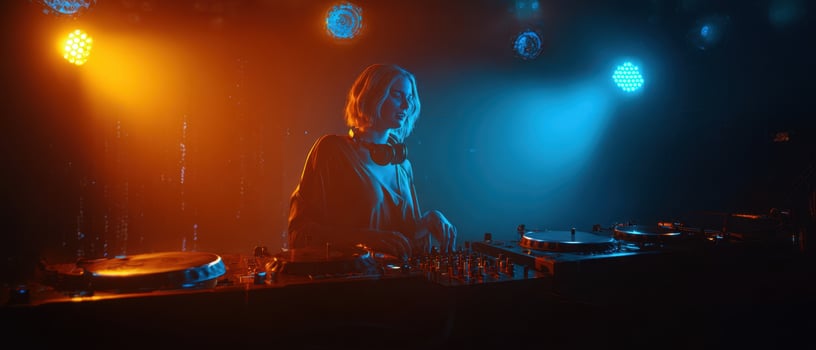 The DJ creating an electrifying atmosphere with dynamic lighting and engaging beats. photo