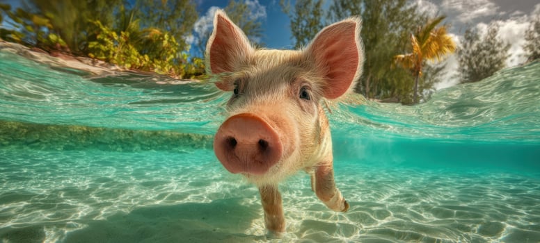 The playful pig swimming in clear tropical waters under the sun photo
