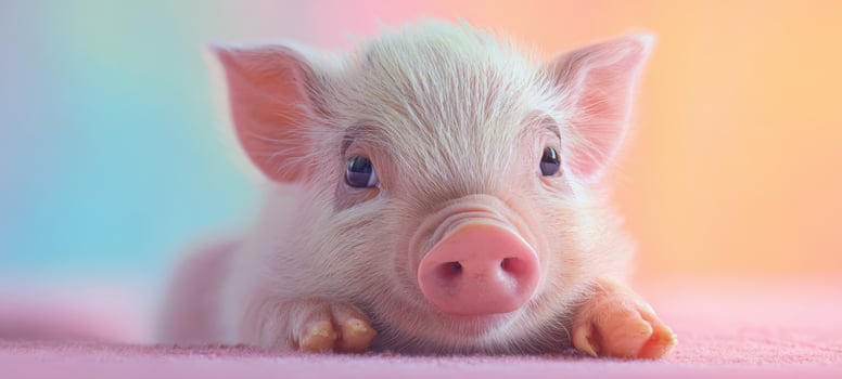 The adorable baby pig resting peacefully with a colorful background. photo