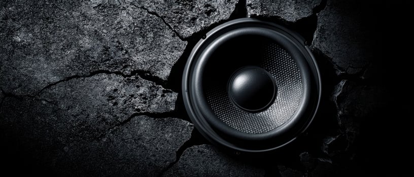 The speaker emerging from a cracked surface in a dramatic black setting. photo