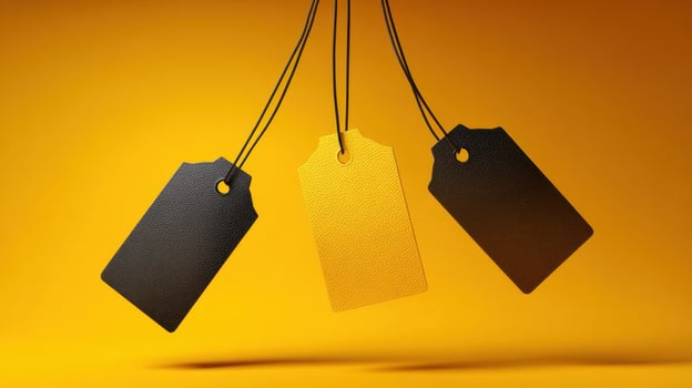 The stylish hanging tags displayed against a vibrant orange background. photo
