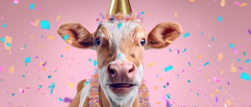 The Cow Celebrating a Birthday with Colorful Confetti and a Party Hat photo