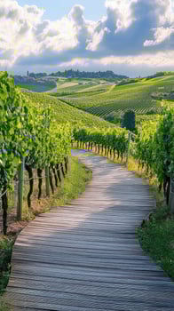 Wooden pathway winds through lush vineyards under a partly cloudy sky on a bright sunny day photo