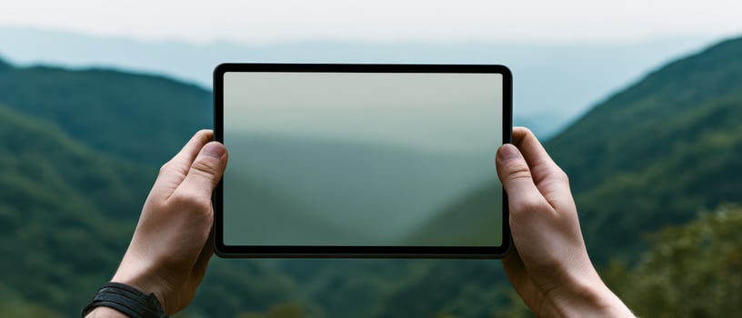 The hands holding a tablet against a beautiful mountainous landscape. photo