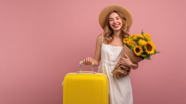 The cheerful woman holding sunflowers and a suitcase against a pink background. photo