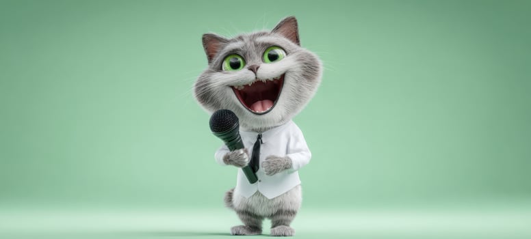 The animated cat with a microphone expressing joy and excitement on stage. photo