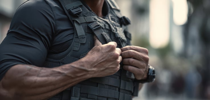 The strong soldier adjusting his tactical vest in an urban environment. photo