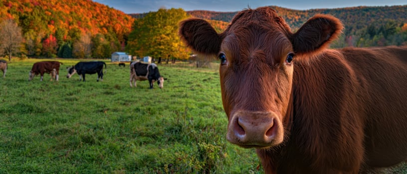 The cow grazing peacefully in a vibrant autumn landscape. photo
