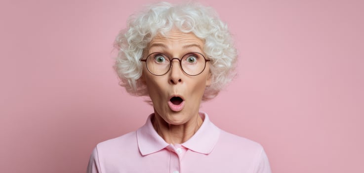 The surprised elderly woman expressing shock and amazement against a pink background. photo
