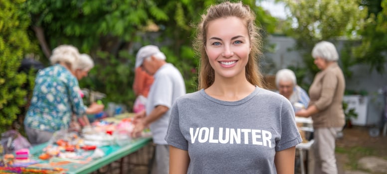 The smiling volunteer engaging with the community at a charity event. photo