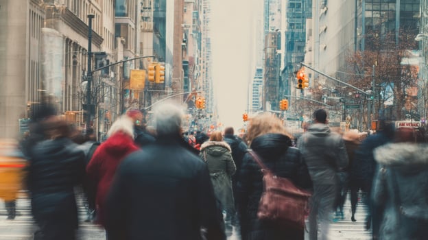 The bustling city street filled with pedestrians in motion. photo