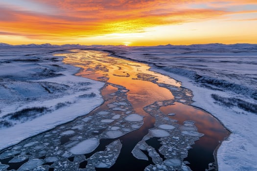 Aerial view shows a cold river reflecting a colorful sunset above snowcovered ground photo