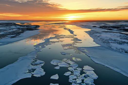 Arctic river reflects a bright orange sunset with snowy banks and floating ice blocks photo