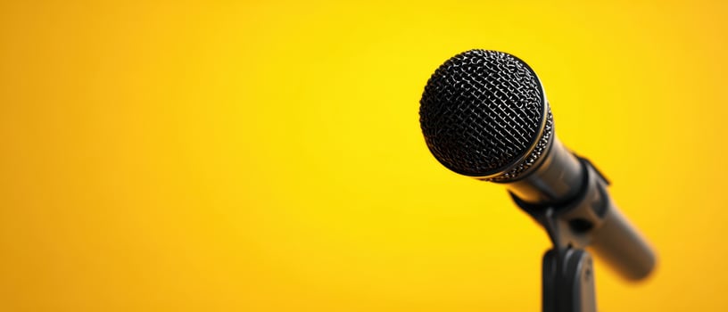 The microphone ready for an engaging performance against a vibrant yellow background. photo