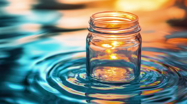 A light reflects inside an empty clear glass jar surrounded by rippling cyan water photo