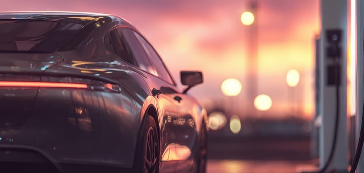 The sleek electric car charging at sunset in an urban environment. photo
