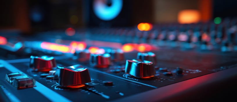 The illuminated mixing console with vibrant controls and dynamic ambiance. photo