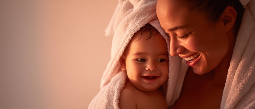 The intimate moment between a mother and her smiling baby in soft towels. photo