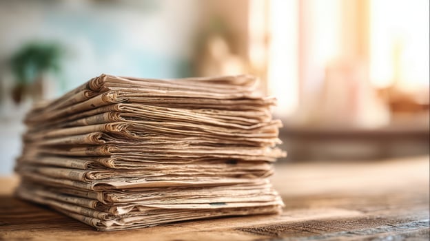 The stack of vintage newspapers resting on a wooden table in a cozy environment. photo