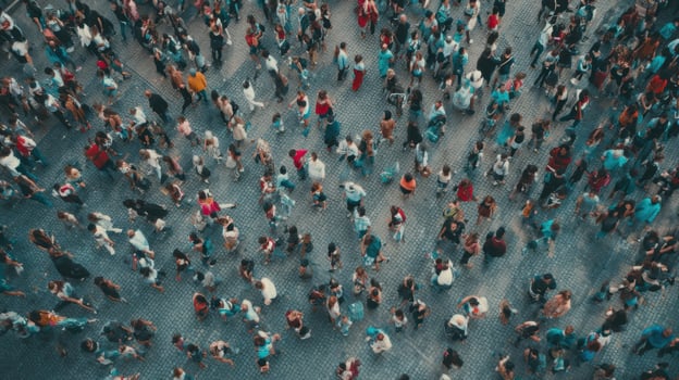 The bustling crowd captured from above in a vibrant urban setting. photo
